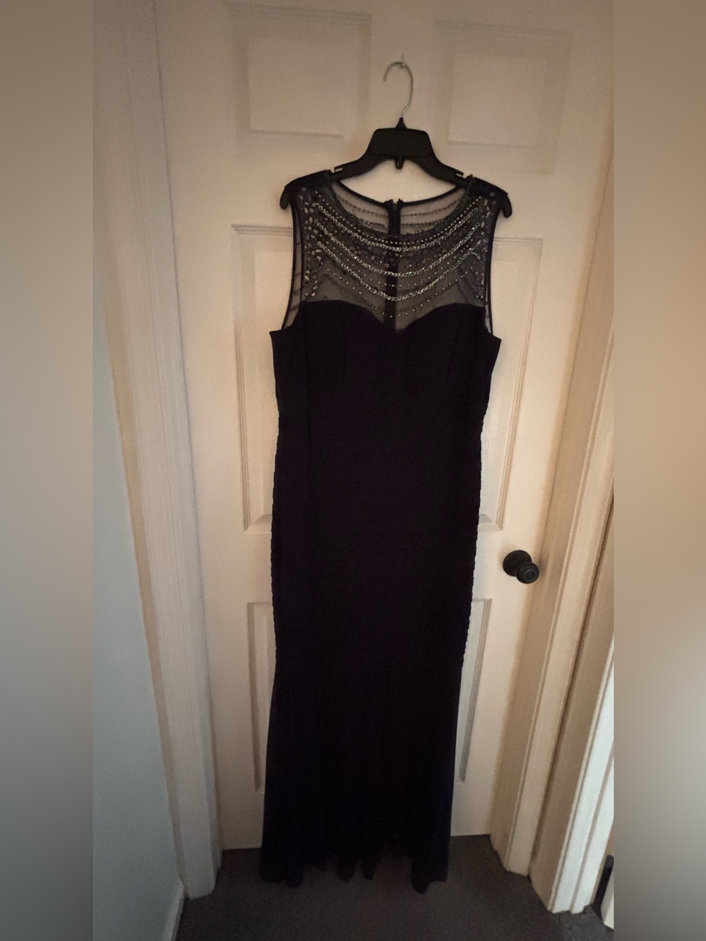 Xscape Beaded Navy Blue Illusion Mermaid Maxi Gown Formal Dress, 22W